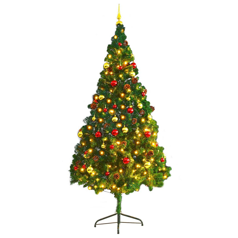 Brad de Crăciun artificial pre-iluminat cu globuri verde 210 cm