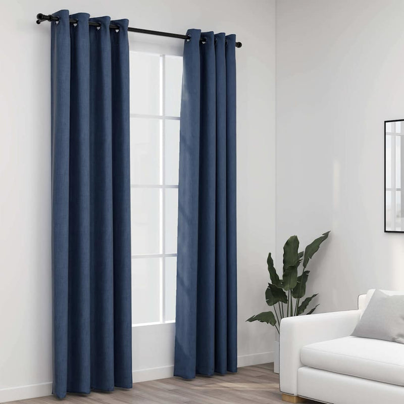 Perdele opace aspect pânză cu ocheți 2 buc. albastru 140x225 cm