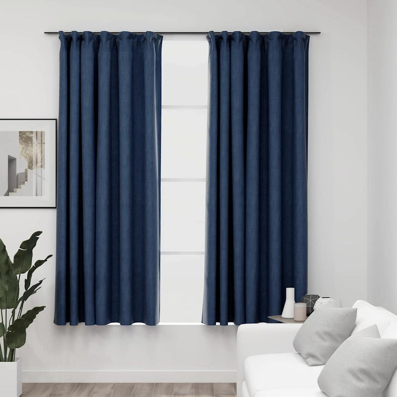Draperii opace aspect in, cu cârlige 2 buc. albastru 140x175 cm