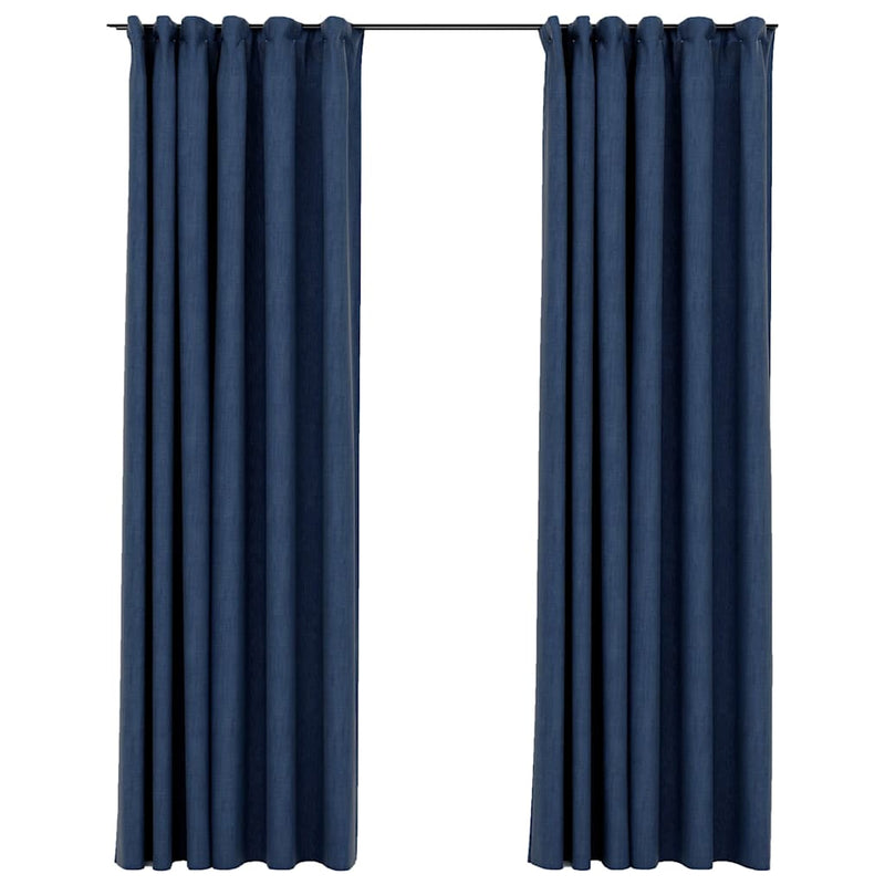 Draperii opace aspect in, cârlige, 2 buc., albastru, 140x245 cm