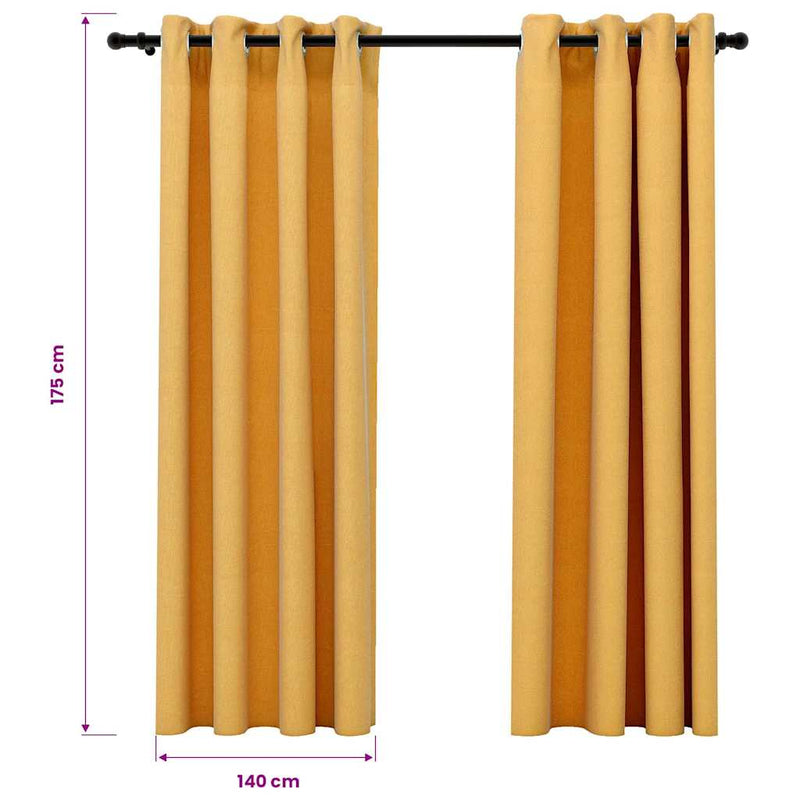 Draperii opace aspect in, cu ocheți, 2 buc., galben, 140x175 cm