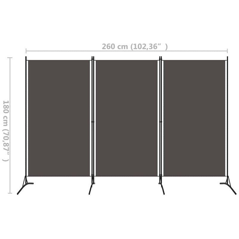 Paravan de cameră cu 3 panouri, antracit, 260 x 180 cm, textil