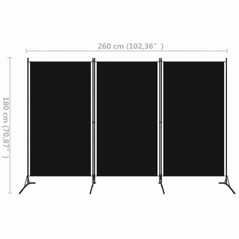 Paravan de cameră cu 3 panouri, negru, 260 x 180 cm, textil