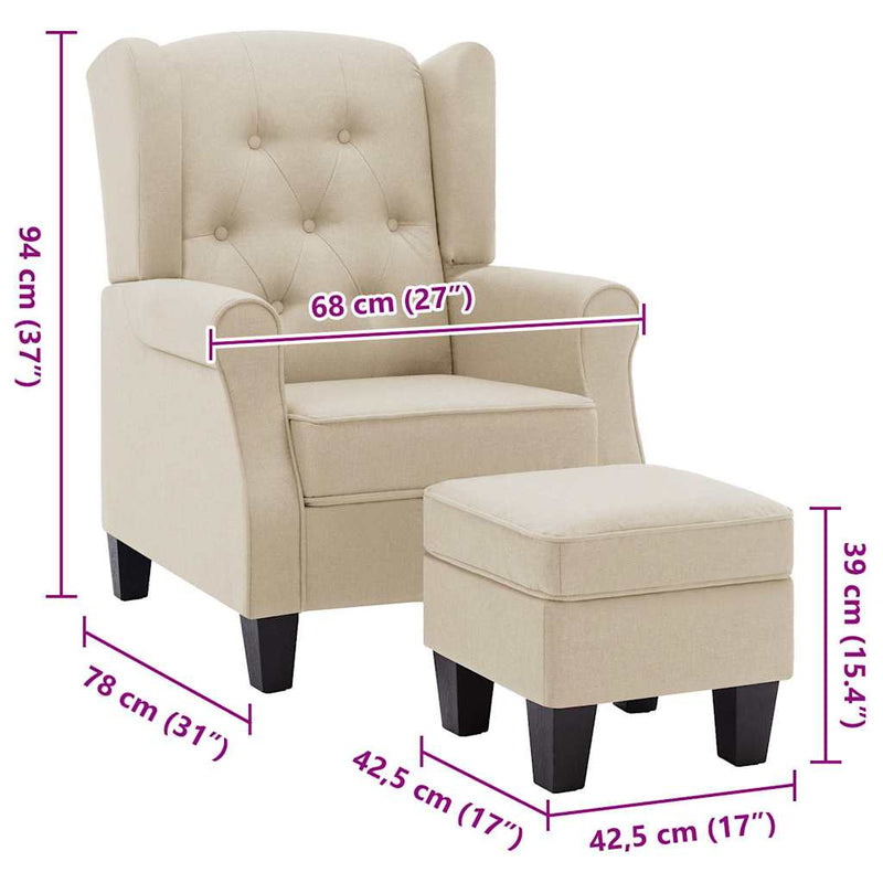 Fotoliu cu taburet pentru picioare, crem, material textil