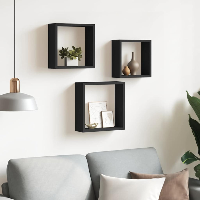Rafturi cub de perete, 3 buc., negru, MDF