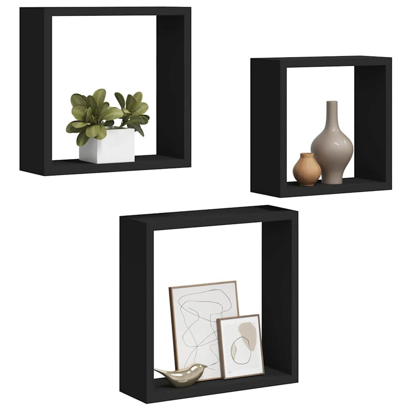 Rafturi cub de perete, 3 buc., negru, MDF