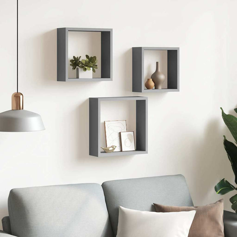 Rafturi cub de perete, 3 buc., gri, MDF