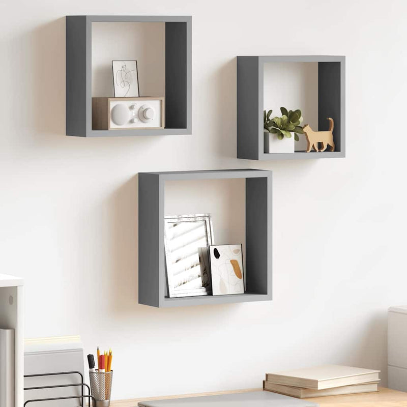 Rafturi cub de perete, 3 buc., gri, MDF
