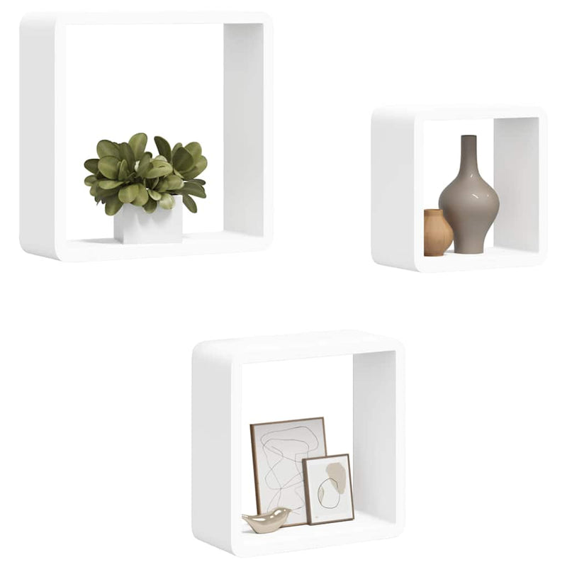 Rafturi de perete cub, 3 buc., alb, MDF