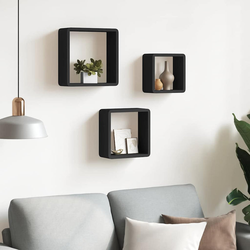 Rafturi de perete cub, 3 buc., negru, MDF
