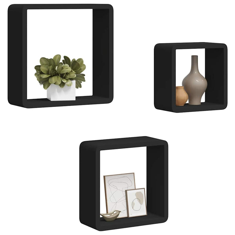 Rafturi de perete cub, 3 buc., negru, MDF
