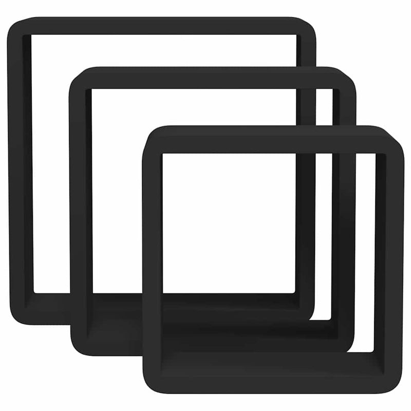 Rafturi de perete cub, 3 buc., negru, MDF