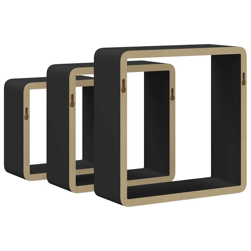 Rafturi de perete cub, 3 buc., negru, MDF