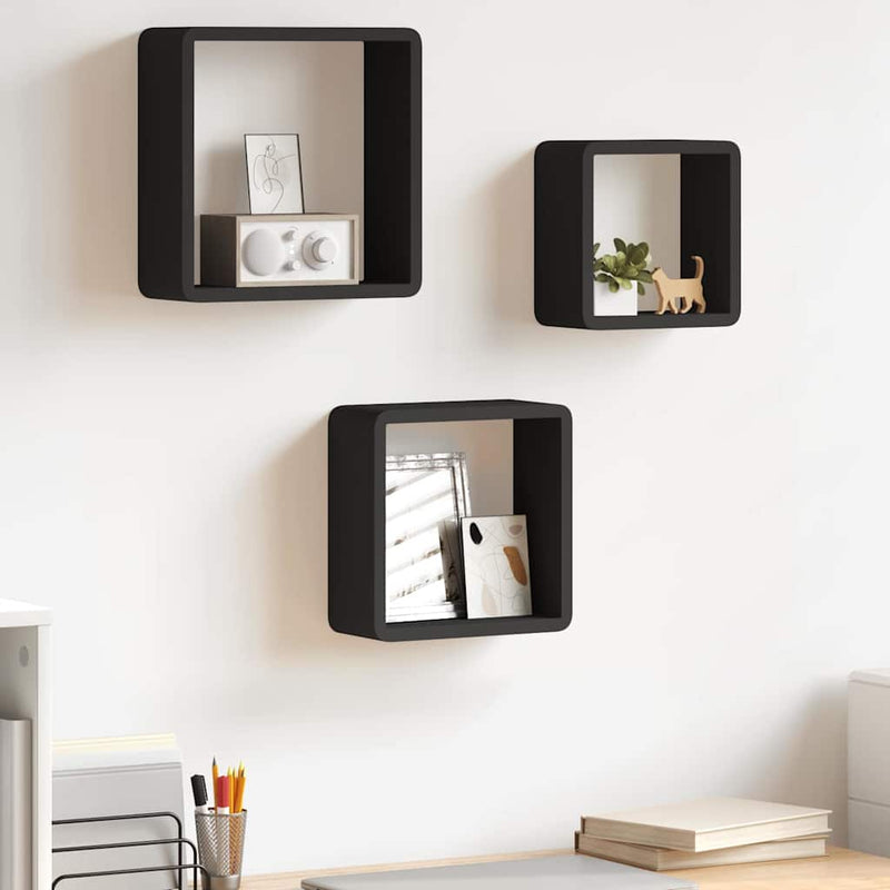 Rafturi de perete cub, 3 buc., negru, MDF