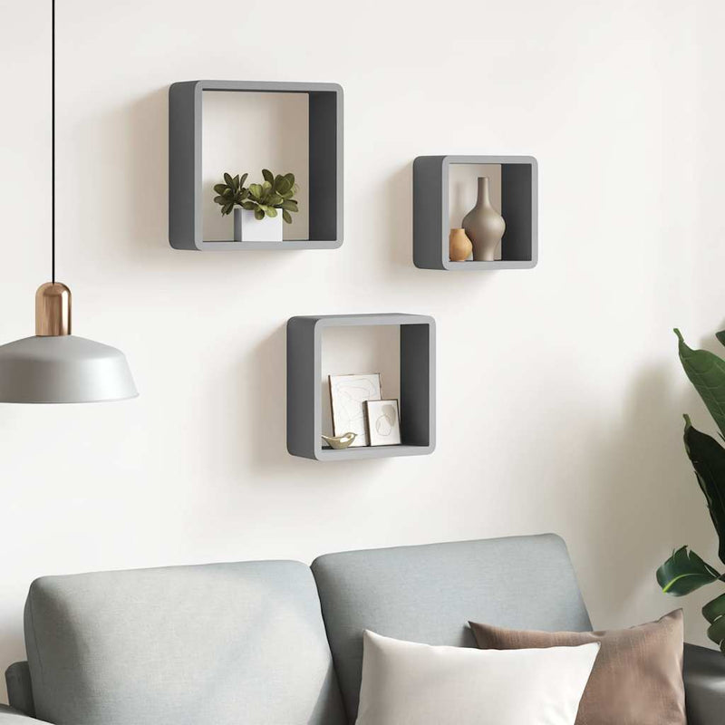 Rafturi cub de perete, 3 buc., gri, MDF