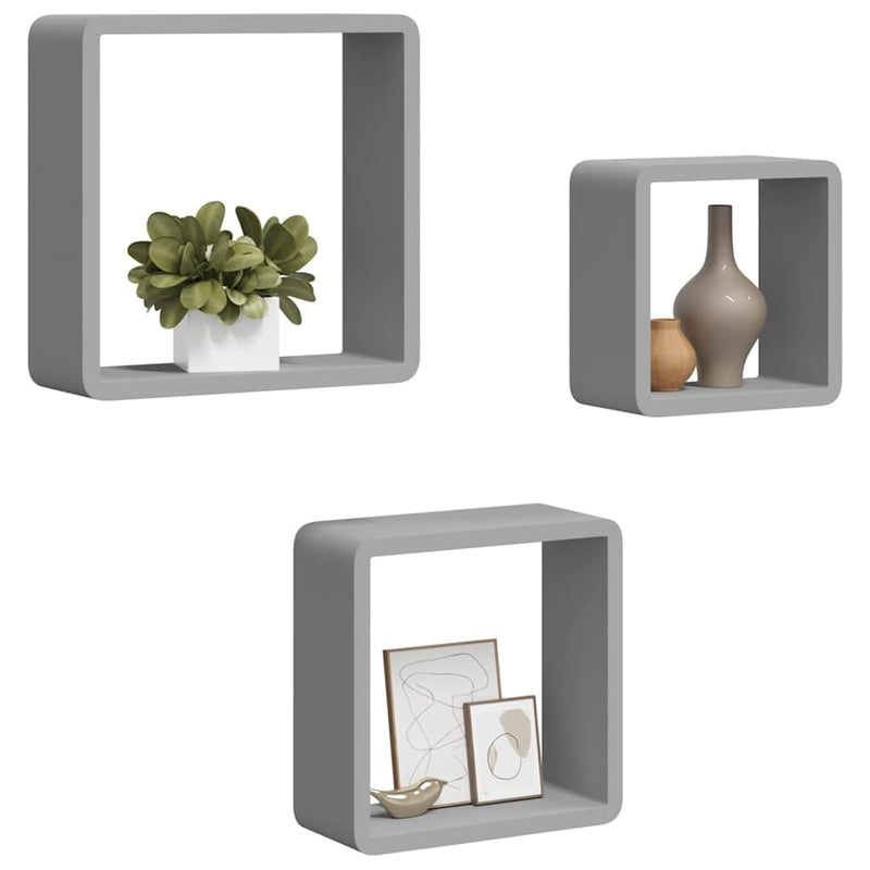 Rafturi cub de perete, 3 buc., gri, MDF