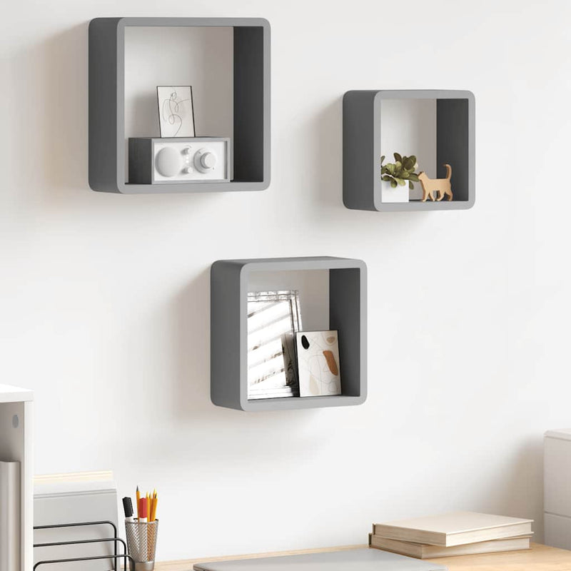 Rafturi cub de perete, 3 buc., gri, MDF