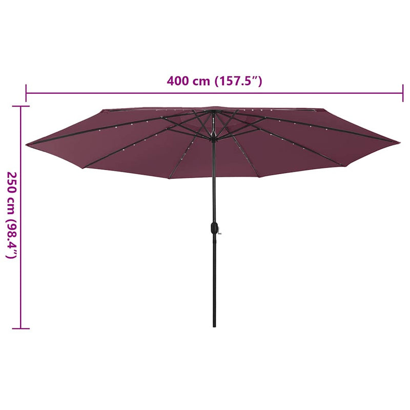 Umbrelă de soare de grădină cu LED-uri, roșu bordo, 400 cm