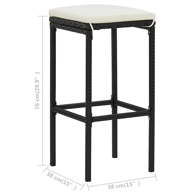 Taburete de bar cu perne, 3 buc., negru, poliratan