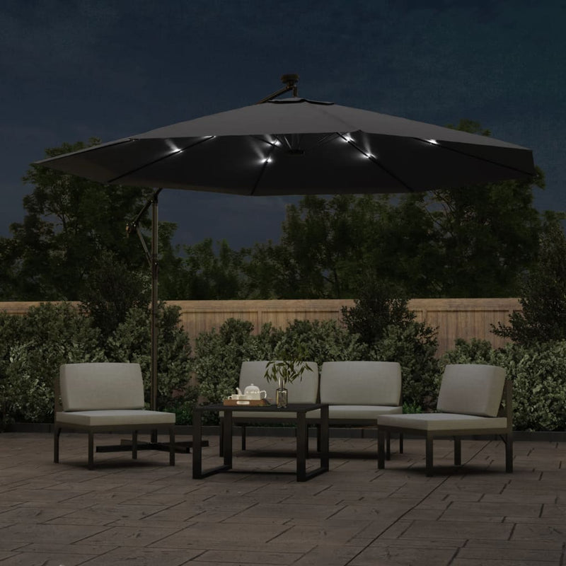 Umbrelă în consolă de grădină cu LED-uri, negru, 350 cm