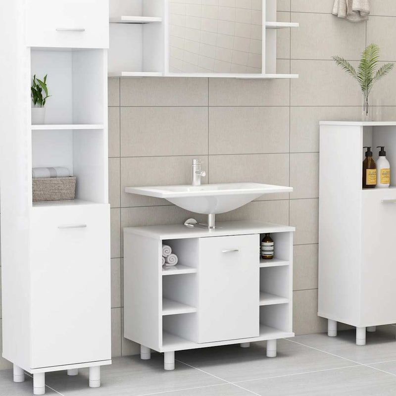 Set mobilier de baie, 3 piese, alb, lemn prelucrat