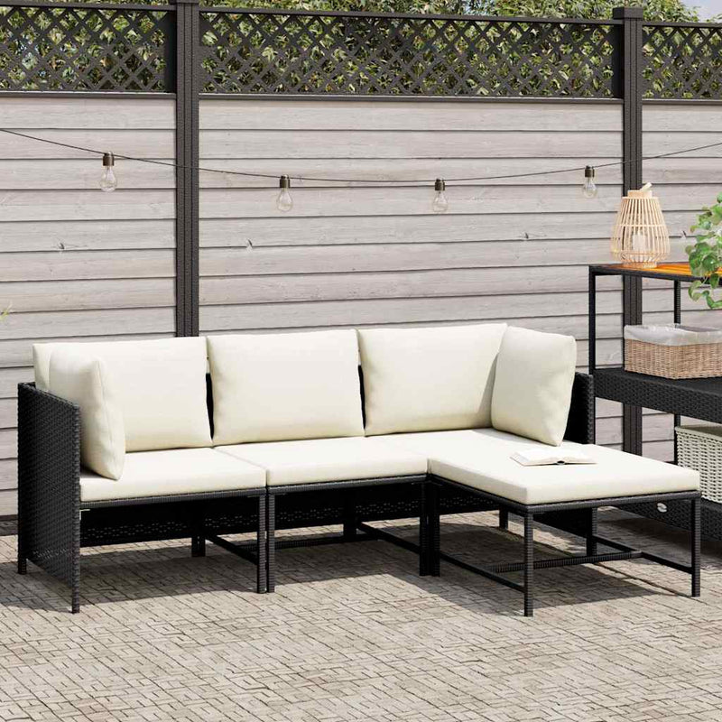 Set mobilier de grădină cu perne, 4 piese, negru, poliratan