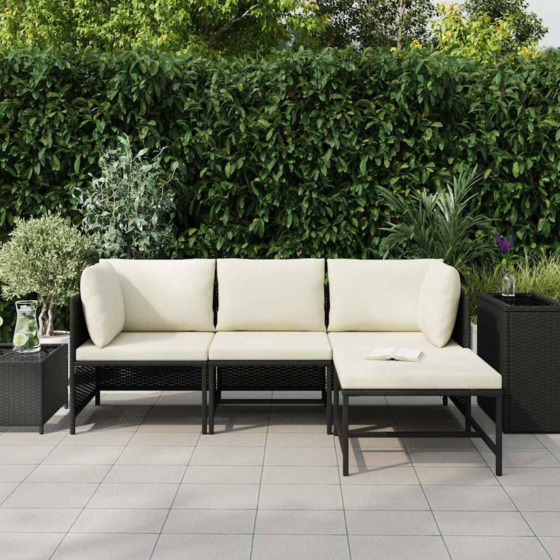 Set mobilier de grădină cu perne, 4 piese, negru, poliratan