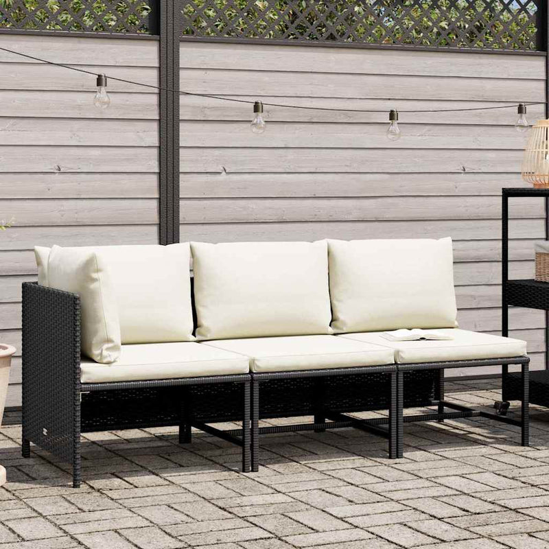 Set mobilier de grădină cu perne, 3 piese, negru, poliratan