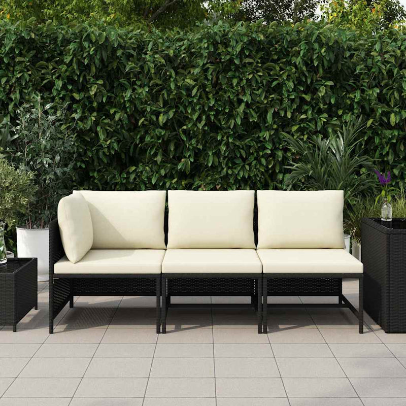 Set mobilier de grădină cu perne, 3 piese, negru, poliratan