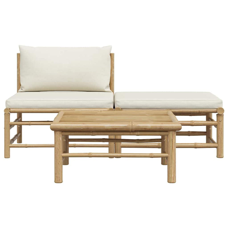 Set mobilier de grădină, cu perne alb crem, 3 piese, bambus