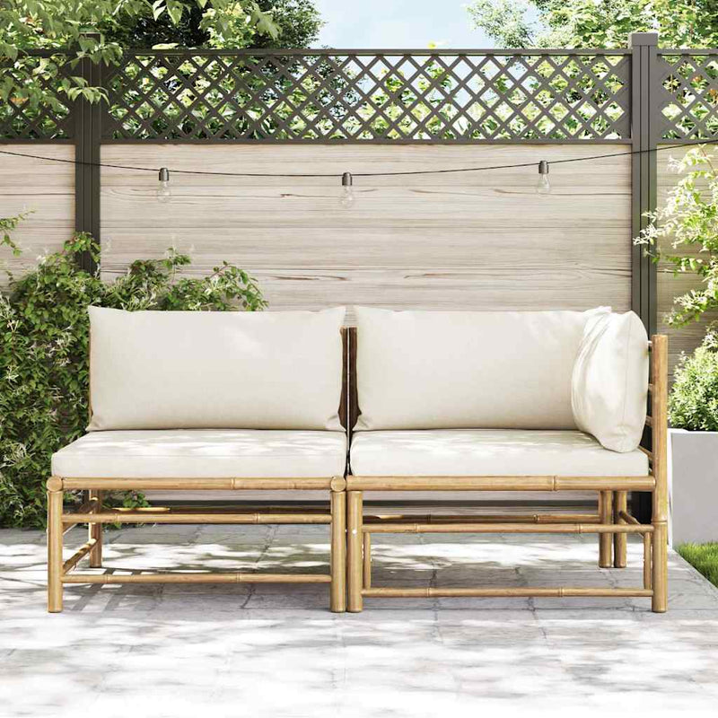 Set mobilier de grădină cu perne alb crem, 2 piese, bambus