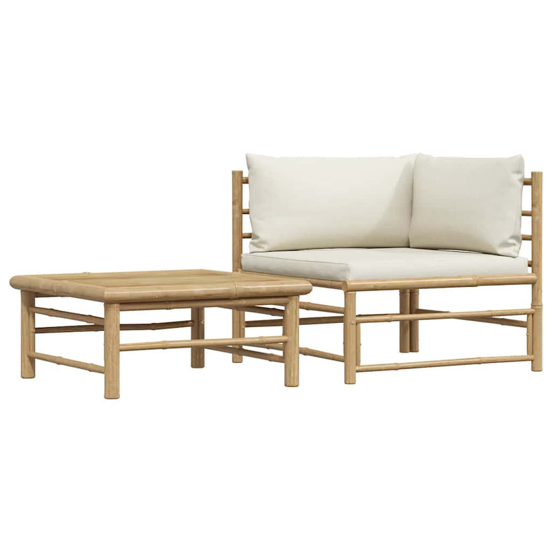 Set mobilier de grădină, 2 piese, perne alb crem, bambus