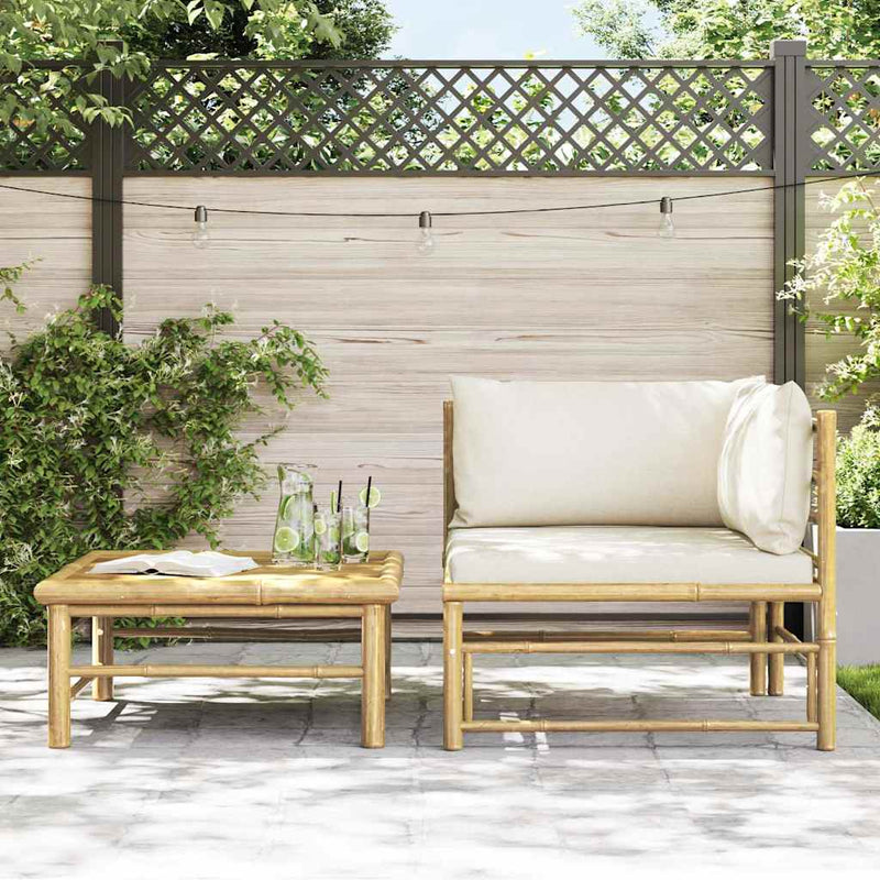 Set mobilier de grădină, 2 piese, perne alb crem, bambus
