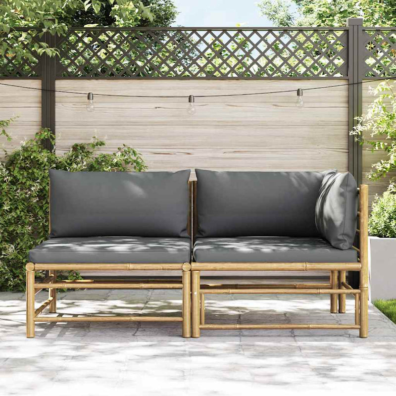 Set mobilier de grădină cu perne gri închis, 2 piese, bambus