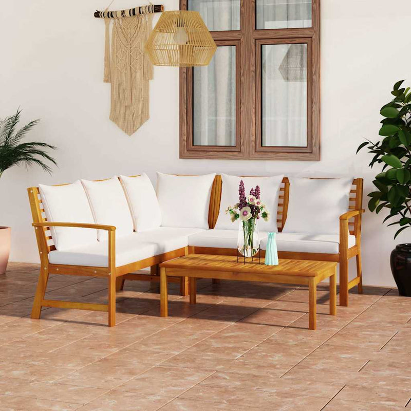 Set mobilier de grădină cu perne crem, 4 piese, lemn de acacia