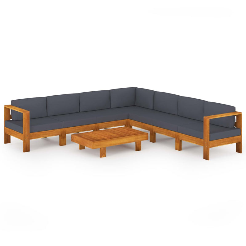 Set mobilier grădină perne gri închis, 8 piese, lemn acacia
