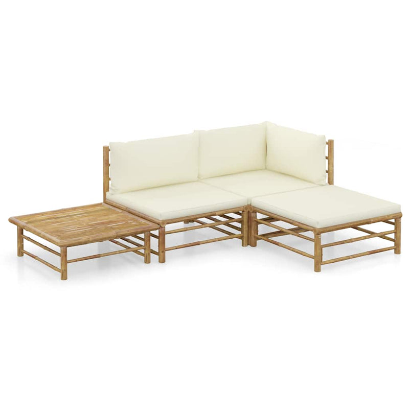 Set mobilier de grădină, cu perne alb crem, 4 piese, bambus