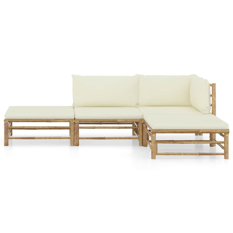 Set mobilier de grădină, cu perne alb crem, 4 piese, bambus