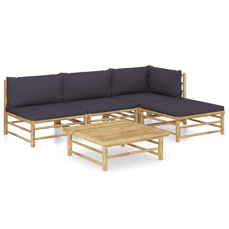 Set mobilier de grădină cu perne gri închis, 5 piese, bambus