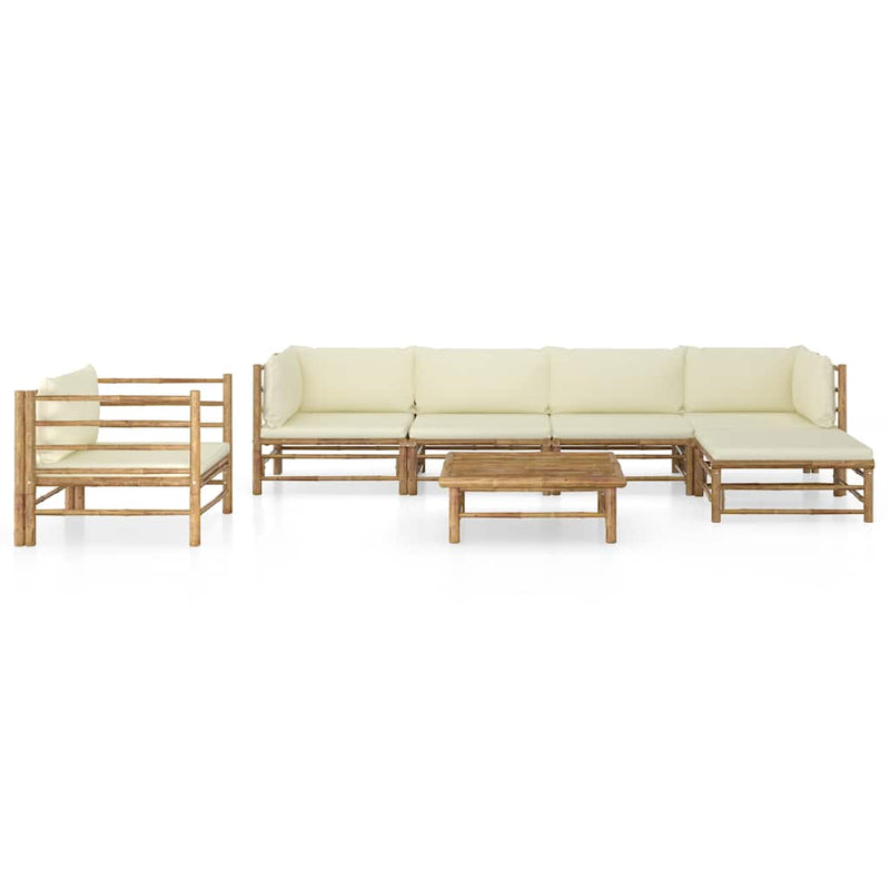 Set mobilier de grădină cu perne alb crem, 7 piese, bambus