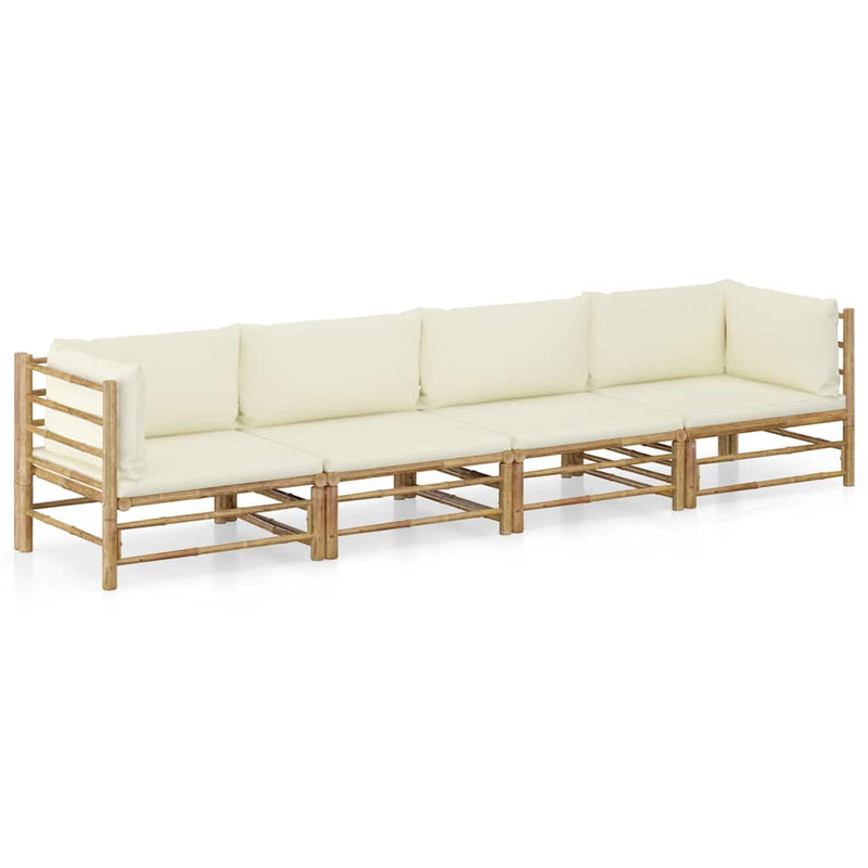 Set mobilier de grădină, cu perne alb crem, 4 piese, bambus