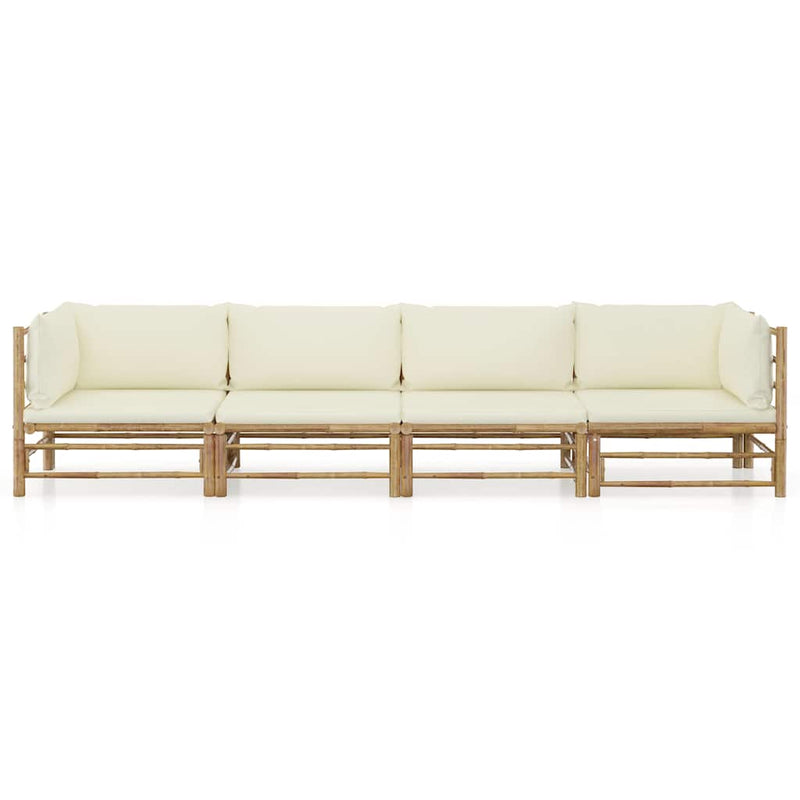 Set mobilier de grădină, cu perne alb crem, 4 piese, bambus