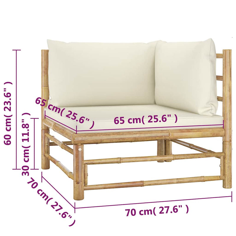 Set mobilier de grădină, cu perne alb crem, 4 piese, bambus