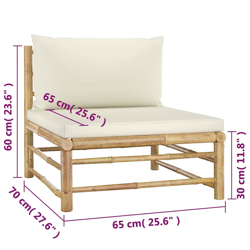 Set mobilier de grădină, cu perne alb crem, 4 piese, bambus