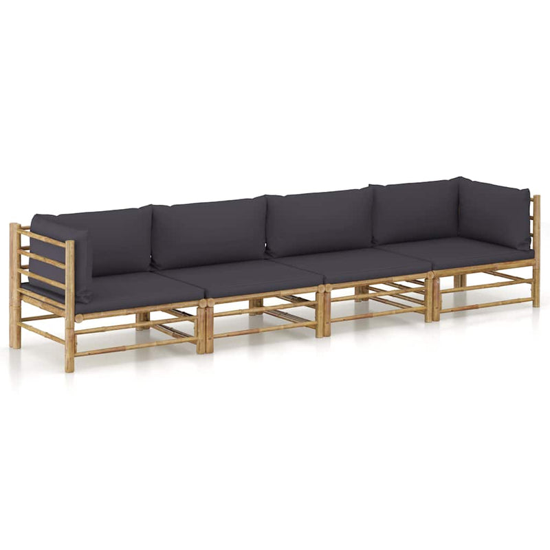 Set mobilier de grădină cu perne gri închis, 4 piese, bambus