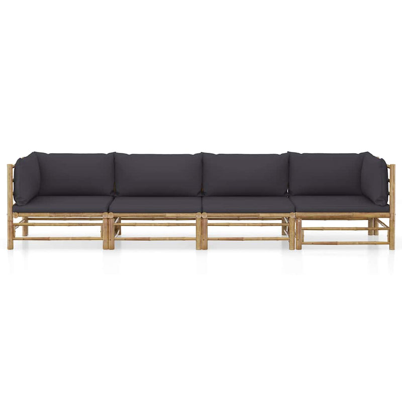Set mobilier de grădină cu perne gri închis, 4 piese, bambus