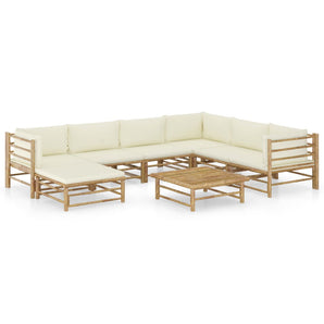 Set mobilier de grădină, cu perne alb crem, 8 piese, bambus