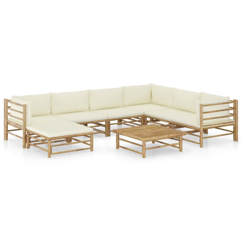 Set mobilier de grădină, cu perne alb crem, 8 piese, bambus