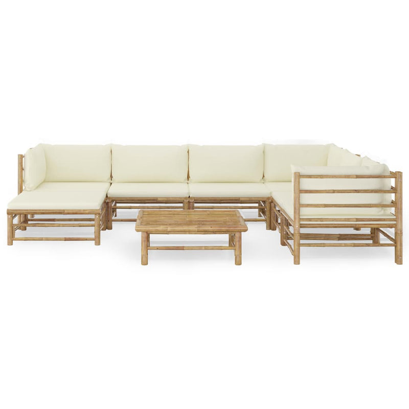 Set mobilier de grădină, cu perne alb crem, 8 piese, bambus