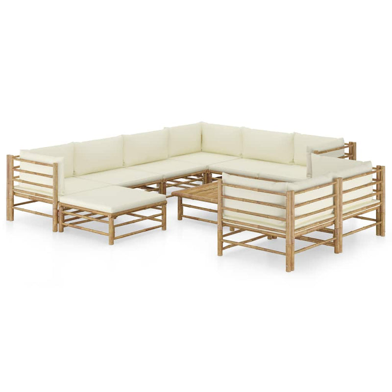 Set mobilier de grădină, cu perne alb crem, 10 piese, bambus